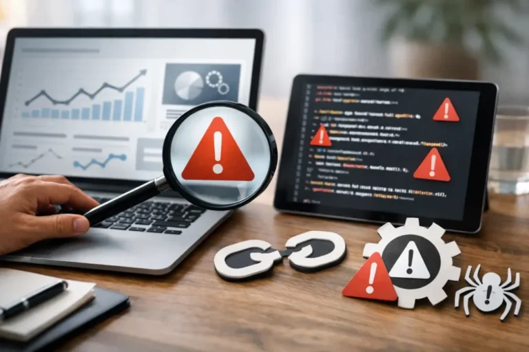 SEO analysis with warning symbols displayed