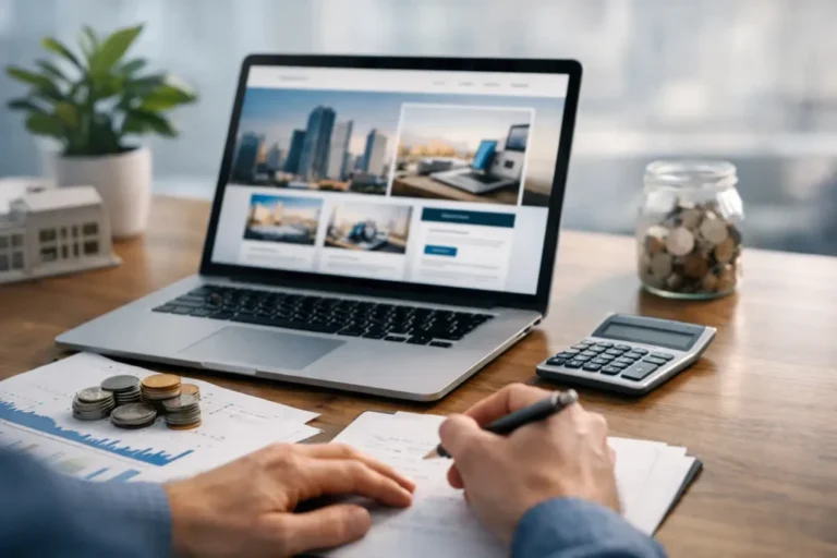 Laptop, calculator, coins, financial planning