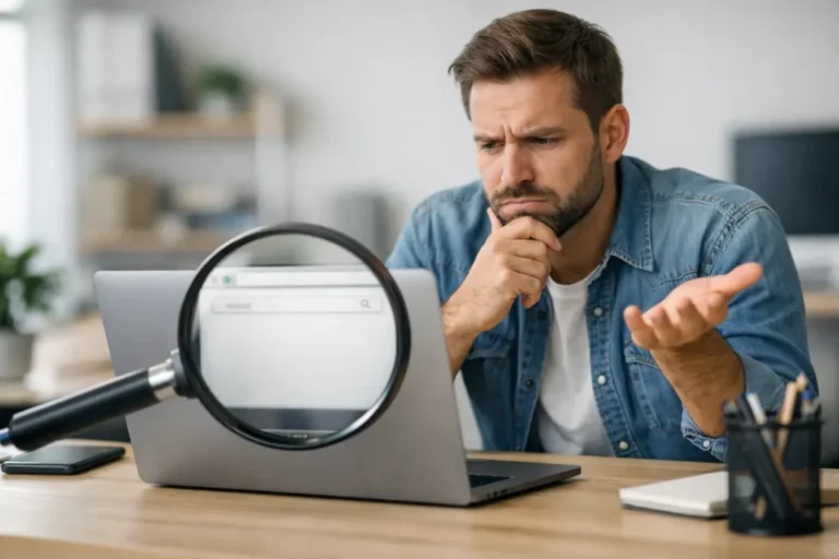 Frustrated man using laptop thoughtfully.